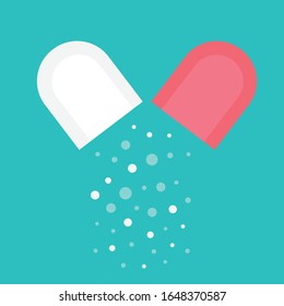 An open pill.Internal contents of the capsule.Medical preparation, granules, loose.Medical concept.Flat vector illustration