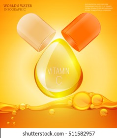 Open pilll with vitamin C. Shining golden essence circle droplet. Vector illustration in orange and yellow colours. Medical and pharmaceutical image.
