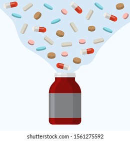 Open pills bottle with many different multi colored pills tablets spilling out above it flat style isolated vector illustration. Drugs flow out of tube. Medicine and pharmaceutical industry.