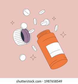 Open pills bottle, and scattering tablets vector illustration. Modern retro flat design isolated on pink background. Pharmaceutical and drugs concept.