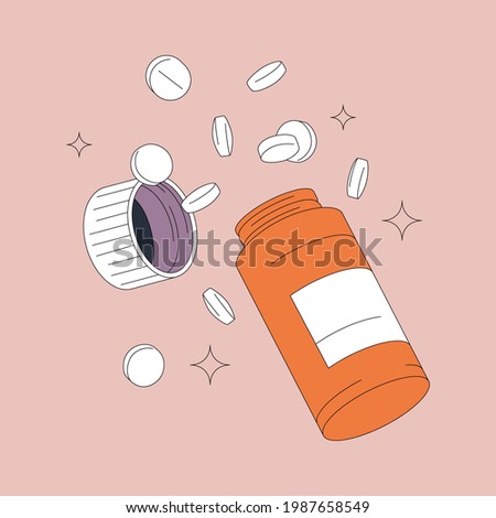 Open pills bottle, and scattering tablets vector illustration. Modern retro flat design isolated on pink background. Pharmaceutical and drugs concept.