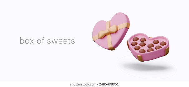 Open pink box with chocolates. Romantic gift for loved one
