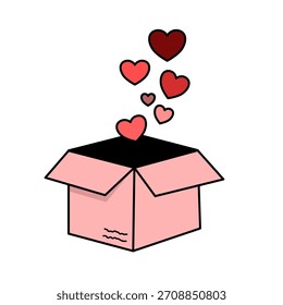 Caja rosa abierta con corazones flotantes. Ilustración de estilo de dibujos animados sobre fondo blanco. Concepto de amor, regalo, sorpresa, emoción y celebración. Diseño sencillo y limpio.