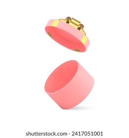 Open pink circle gift box with luxury golden bow ribbon and flying lid 3d icon realistic vector
