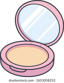 Abra a caixa de pó compacto rosa com espelho. Ilustração de produto de maquiagem bonito em estilo de desenho animado.