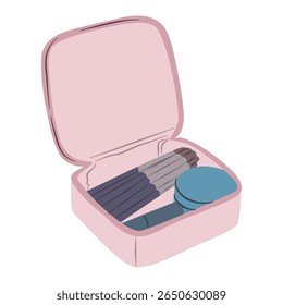 Saco cosmético rosa aberto exibe escovas de maquiagem e um recipiente de creme dentro Ideal para beleza e conteúdo de viagem.