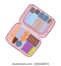 Saco cosmético rosa aberto preenchido com diferentes produtos de maquiagem, como batom, sombra e outros itens de beleza Este gráfico é perfeito para projetos relacionados à moda ou beleza