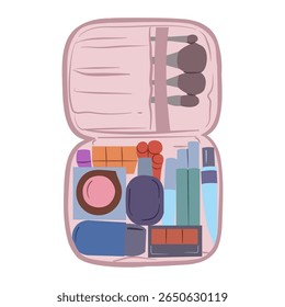 Saco cosmético rosa aberto revelando uma variedade de maquiagem como escovas, blush e batom pronto para uso em uma rotina de beleza. Ideal para ilustrar viagens ou cuidados pessoais.