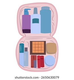 Open pink cosmetic bag showcases makeup and assorted personal care items inside, perfect for travel and beauty related content.