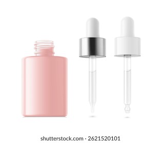 Open pink dropper bottle with pipette mockup. Vector illustration isolated on white background. Front view. Сan be used for cosmetic, medical and other needs. EPS10.