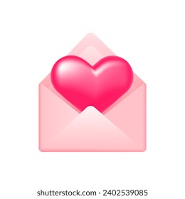 Open pink envelope with a 3D heart. Element for Valentine's Day, Mother's Day. Vector illustration isolated on white background.