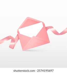 Open pink envelope adorned with a silk pink ribbon and white blank for Valentine's Day or sending love messages