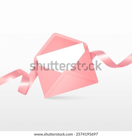 Open pink envelope adorned with a silk pink ribbon and white blank for Valentine's Day or sending love messages
