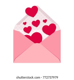 Open pink envelope with hearts