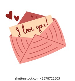 Open pink envelope with letter with inscription I love you. Vector illustration for Valentine's Day, February 14, romantic messages, color icon