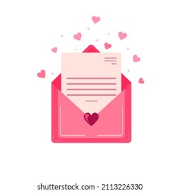 Sobre rosado abierto con carta de amor dentro, con corazones coloridos volando sobre un fondo blanco aislado. Icono adecuado, pegatina.