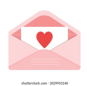 Open pink envelope with a love note with heart. Valentines day greeting card. Vector illustration isolated on white background. Cute love letter mail