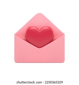 Open pink envelope with red heart romantic message dating application notification 3d icon realistic vector illustration. Creative love email letter enamored relationship greeting invitation design