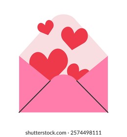  An open pink envelope with red hearts flying out of it. Symbolizes love messages, Valentine's Day greetings or other romantic events.