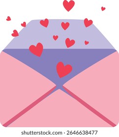 Open pink envelope with red hearts flying out, symbolizing a love letter or emotional Valentine’s Day message in flat design.