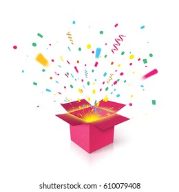 Open pink gift box and confetti fountain. Christmas present. Vector Illustration