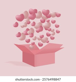 Open pink gift box with floating hearts in pastel background illustration romantic love concept