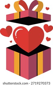 Caja de regalo rosa abierta con corazones rojos flotantes para el día de San Valentín y la ilustración del concepto de amor