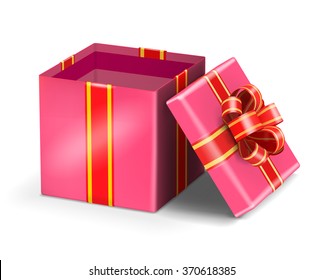 Open pink gift box with red ribbon bow. Vector illustration