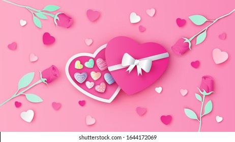 Open the pink heart shaped chocolate box and decorated the element with pink roses, paper hearts in the top view. Chocolate box on valentine's day. paper cut and craft style. vector, illustration.