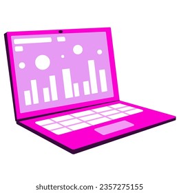 Open pink laptop with charts isolated. Women laptop for business and study