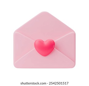 Correspondência de amor rosa aberta. Ilustração vetorial 3D de envelope com uma mensagem de coração de amor, e-mail de amor. Envelope aberto rosa. Carta de amor isolada sobre um fundo branco