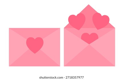 Abra el sobre de correo rosa con el corazón en el fondo blanco. Carta de amor simple. Feliz día de San Valentín. Tarjeta de Boda. Señal, símbolo, icono y logotipo aislados. Diseño plano. Gráfico. Ilustración vectorial de dibujos animados.