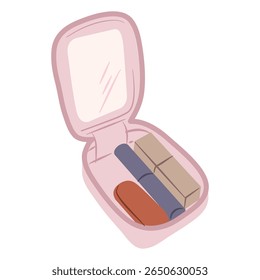 Caixa de maquiagem rosa aberta mostra um espelho e cosméticos, como batom, rímel e uma escova dentro Use para ilustrar a beleza ou itens de transporte cotidianos