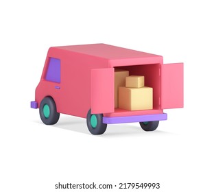 Open pink minivan full of cardboard boxes package parcel courier logistic distribution service realistic 3d icon vector illustration. Business cargo freight transportation container moving delivery