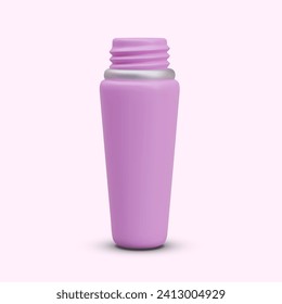 Open pink plastic bottle with thread. Bottle in vertical position. Packaging for makeup. Decorative cosmetics, mockup. Realistic illustration with shadow