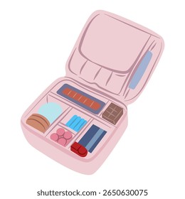 An open pink travel case with compartments holds various small items in an organized way Great for packing or storage solutions.