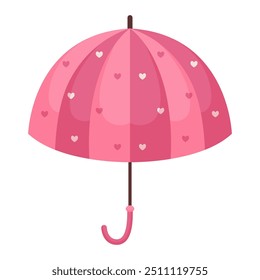 Open pink umbrella with hearts. Rainy seasonal parasol. Protecting accessories. Autumn, spring season. Hand drawn colored vector illustration in flat style isolated on white background.