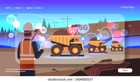 open pit man using tablet controlling dumper trucks 5G online wireless system connection coal mine production opencast stone quarry background rear view portrait horizontal vector illustration