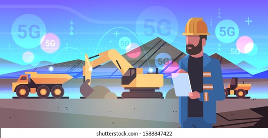 open pit man worker using tablet 5G online wireless system connection excavator loading soil on dump truck coal mine production opencast stone quarry background portrait horizontal vector illustration