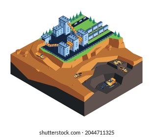 Open pit mining minerals extraction and processing facility excavators trucks ore loading machinery isometric composition vector illustration