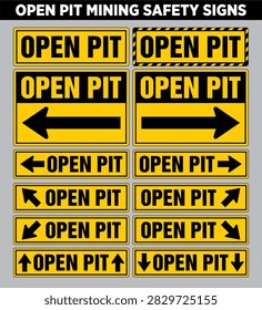 Open Pit Mining Safety Signs designed to communicate hazards, mandatory precautions, warnings, restricted areas, traffic controls, and emergency information at open-pit mining operations. Suitable for mine entrances, haul roads, excavation areas, loading zones, stockpiles, heavy equipment areas, and other mining environments to improve worker awareness and support workplace safety.