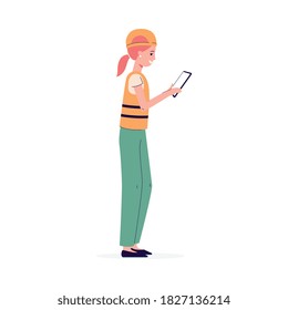 Open pit woman worker or engineer cartoon character in helmet using mobile gadget, flat vector illustration isolated on white background. Mine or quarry employee.