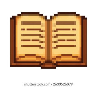 Open pixel art book icon with brown cover and text lines for reading, gaming, illustration