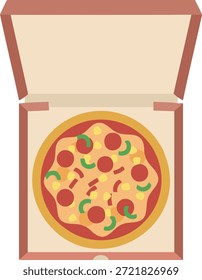 Offene Pizzakiste mit einer vollen Pizza mit Käse, grünem Paprika und Würstchen auf goldener Kruste, perfekt für Lieferservice-Symbole, Fast-Food-Menüs und Restaurantgrafiken
