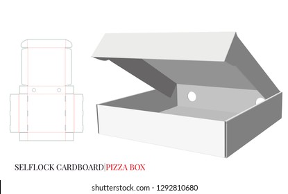 Open Pizza Box Template, Vector with die cut / laser cut layers. Cardboard Self Lock Delivery Box. White, blank, clear, isolated Pizza Box mock up on white background with perspective presentation, 3D