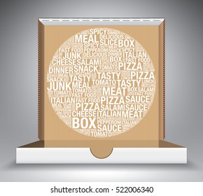 Open pizza box with word cloud, vector illustration