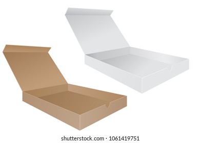 Open pizza boxes. With lid. Vector 3d illustration isolated on white background