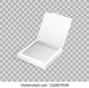 Open pizza container without label vector. Box for food package, template of packaging for delivering food products realistic mockup on transparent