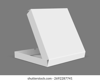  Abre la maqueta del paquete de pizza. Diseño de Plantilla de paquete de papel. Contenedor de entrega de productos de restaurante. Ilustración vectorial de empaquetado cuadrado realista del bocado de la pizzería