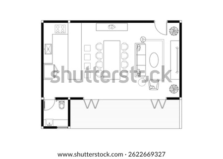 Open Plan Living Space Floor Plan with Kitchen, Dining, and Living Areas. Vector Lines Black on White Background. 2